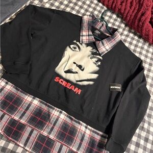 Scream Graphic Plaid Hem Long Sleeve Tee - Black/Red